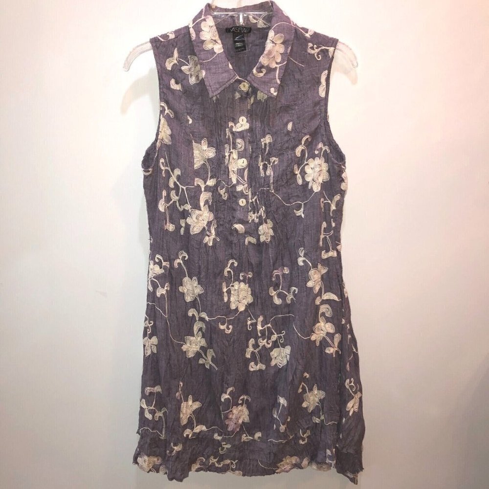 Vasna Womens Size L Purple Linen Blend Flower Embroidered Sleeveless Dress Large